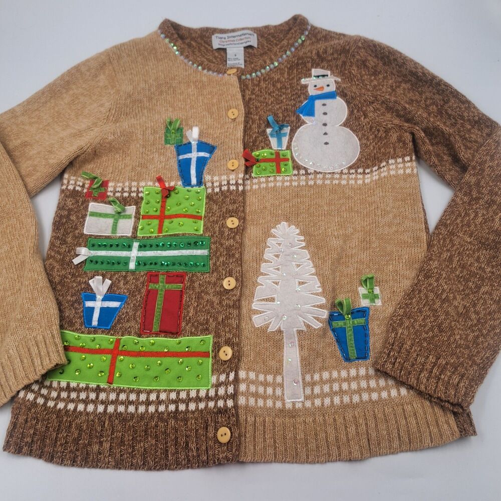 Tiara International Christmas Knit Cardigan Sweater Women Small Snowman Sequins